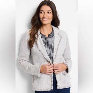 NIC+ZOE Light Gray Fringed Knit Blazer